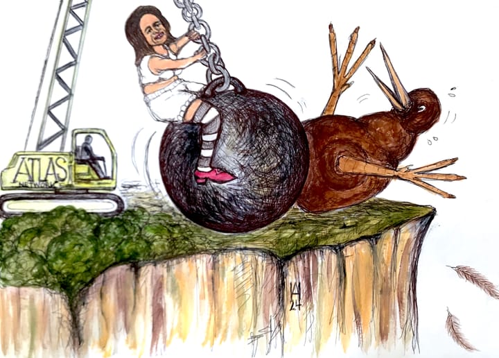 Cartoon of Nicola Willis riding a wrecking ball operated by the Atlas Network that is knocking a Kiwi off a cliff.